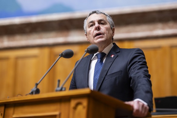 Bundesrat Ignazio Cassis spricht zur Grossen Kammer waehrend der Fragestunde, an der Fruehjahrssession der Eidgenoessischen Raete, am Montag, 17. Maerz 2025 im Nationalrat in Bern. (KEYSTONE/Alessandr ...