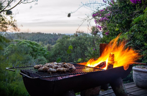 A South African barbecue braai with meat on the fire in front of a lush valley landscape and a beautiful orange sunset.