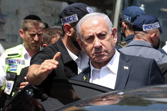 epa12361891 Israeli Prime Minister Benjamin Netanyahu visits the scene of a shooting incident in Jerusalem, 08 September 2025. At least five people were killed and several others injured by gunfire af ...