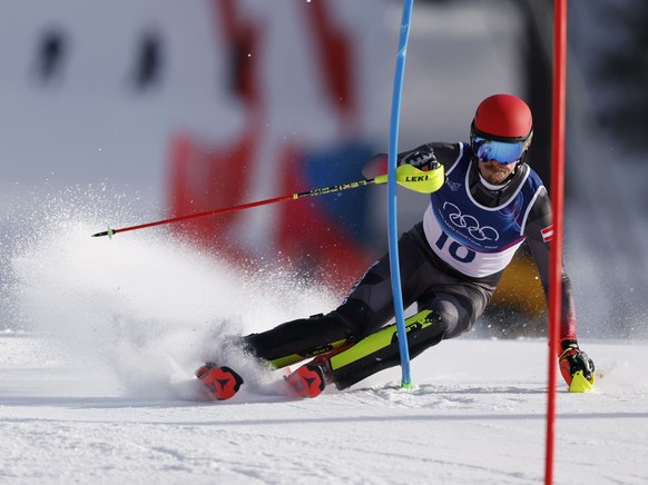 epa12719933 Manuel Feller of Austria 1 competes in the Slalom of the Men's Team Combined of the Alpine Skiing competitions at the Milano Cortina 2026 Winter Olympic Games, Stelvio ski centre in B ...