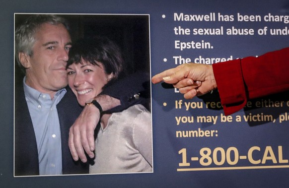 FILE �?? Audrey Strauss, acting U.S. attorney for the Southern District of New York, points to a photo of Jeffrey Epstein and Ghislaine Maxwell during a news conference in New York, July 2, 2020. Maxw ...