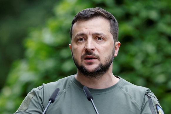 FILE - Ukraine President Volodymyr Zelenskyy attends a press conference in Kyiv, Thursday, June 16, 2022. On Friday, June 24, The Associated Press reported on stories circulating online incorrectly cl ...