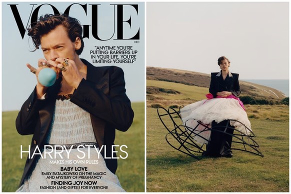 Harry Styles est devenu en 2020 le premier homme en Une de l’édition américaine de Vogue, sur laquelle il porte une robe signée Gucci.