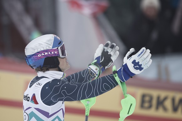 Brazil&#039; Lucas Braathen reacts after completing an alpine ski, men&#039;s World Cup slalom race, in Adelboden, Switzerland, Saturday, Jan. 11, 2025. (AP Photo/Gabriele Facciotti)