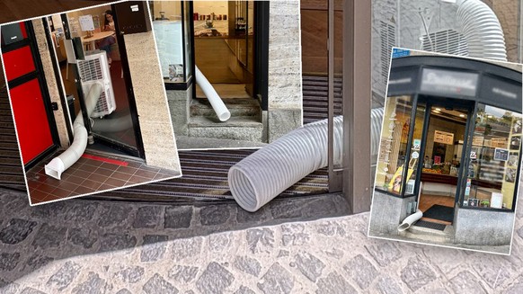 Montage photo des portes de commerces ouvertes en pleine canicule pour attirer les passants à entrer et laisser sortir les tuyaux des climatiseurs qui fonctionnent à fond dans le vide