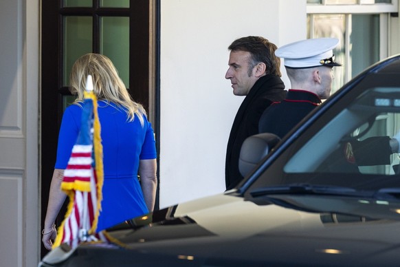 epa11921364 French President Emmanuel Macron arrives to participate in a G7 Leadership Summit call with US President Donald J. Trump at the White House in Washington, DC, USA, 24 February 2025. EPA/SH ...