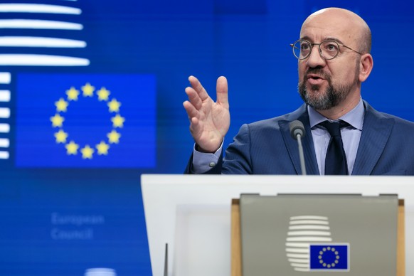 European Council President Charles Michel gestures while speaking during a media conference at the conclusion of an EU Summit in Brussels, Friday, March 22, 2024. European Union leaders on Friday disc ...