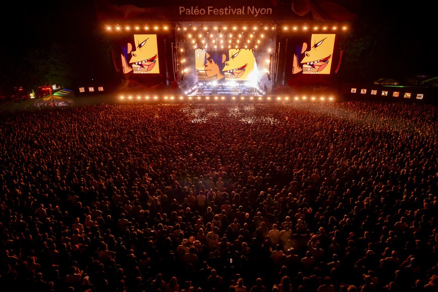 epa13129219 British alternative rock band Gorillaz performs on the Main stage at the 49th edition of the Paleo Festival in Nyon, Switzerland, 23 July 2026. EPA/JEAN-CHRISTOPHE BOTT