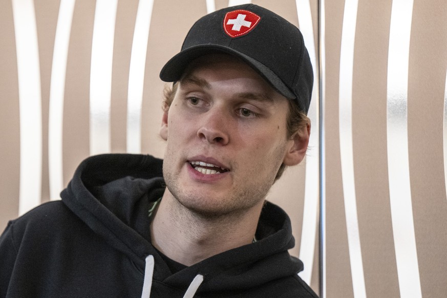 Switzerland's Goalkeeper Akira Schmid speaks during a media meeting in Prague, Czech Republic, on Friday, May 17, 2024. (KEYSTONE/Peter Schneider)
