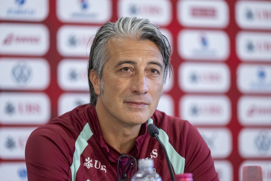 epa13276604 Switzerland's national soccer team manager Murat Yakin attends a press conference at the Thermoplan arena in Luzern, Switzerland, 02 October 2026. Switzerland will face Slovenia in a  ...
