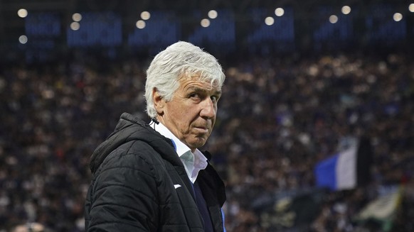 Atalanta coach Gianpiero Gasperini ahead of the Serie A soccer match between Atalanta and Roma at the Gewiss Stadium in Bergamo, Italy, Sunday, May 12, 2024. (Spada/LaPresse via AP)