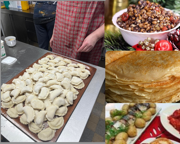 Les raviolis fourrés (vareniki), le Kutia, les blinis de blé et le poisson cuit font partie du repas de Noël,composé de douze plats.