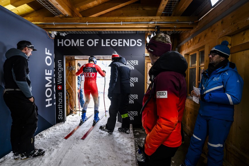 Marco Odermatt of Switzerland reacts in the start house during the men's downhill training race at the Alpine Skiing FIS Ski World Cup in Wengen, Switzerland, Tuesday, January 9, 2024. (KEYSTONE/ ...