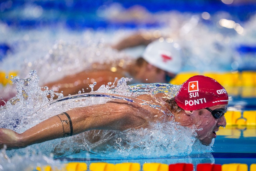 KEYPIX - Swiss Swimmer Noe Ponti competes in the Men's 200m Butterfly Semifinal during the European Aquatics Short Course Swimming Championships in Lublin, Poland, Saturday, Dec. 6, 2025. (KEYSTO ...