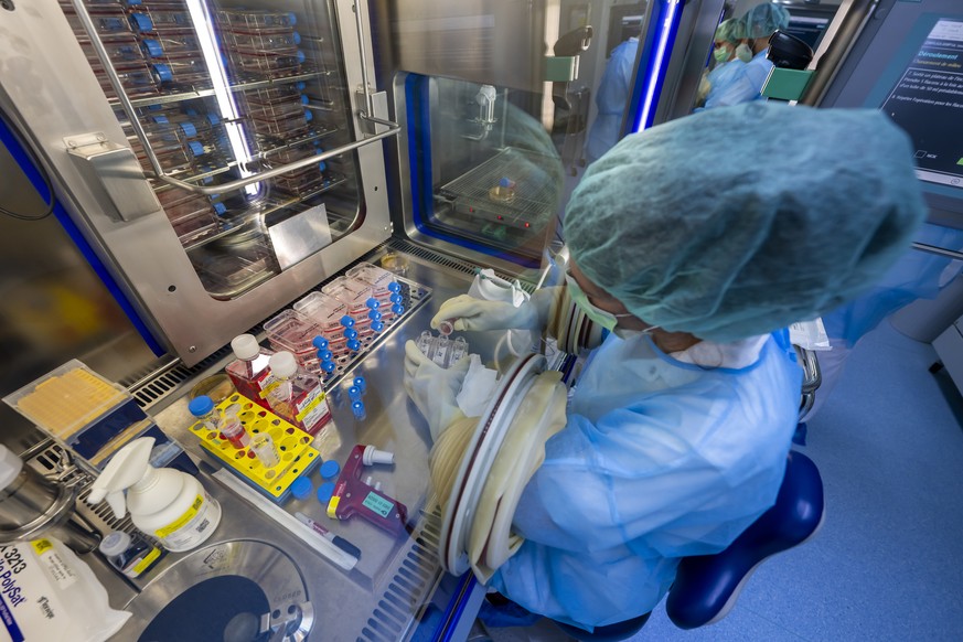 Florence, technicienne en analyse biomedicales au CHUV, renouvelle les bains de culture ou la peau se multiplie, ce jeudi 8 janvier 2026 au centre de production cellulaire du CHUV, a Epalinges (VD). L ...