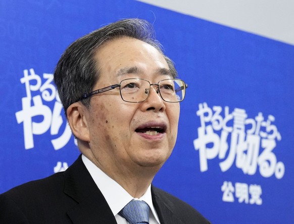 Tetsuo Saito, leader of Komeito, speaks to the media after meeting with Sanae Takaichi, the newly-elected leader of Japan&#039;s ruling party, the Liberal Democratic Party .at the parliament in Tokyo, ...