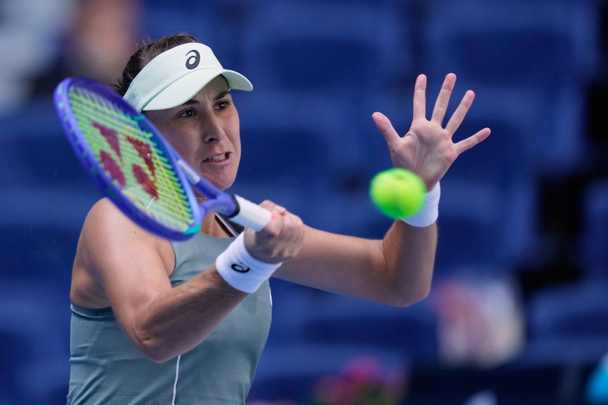 Belinda Bencic of Switzerland plays a forehand return to Coco Gauff of the United States during a women&#039;s singles match of the China Open tennis tournament, in Beijing, China, Tuesday, Sept. 30,  ...