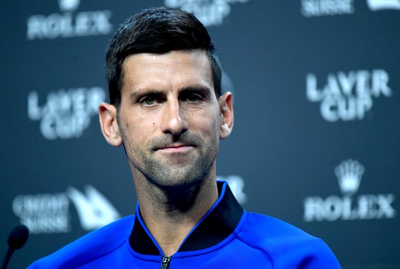 epa10199021 Serbian player Novak Djokovic during a press conference in London, Britain, 22 September 2022, ahead of the Laver Cup tennis tournament starting on 23 September. EPA/ANDY RAIN