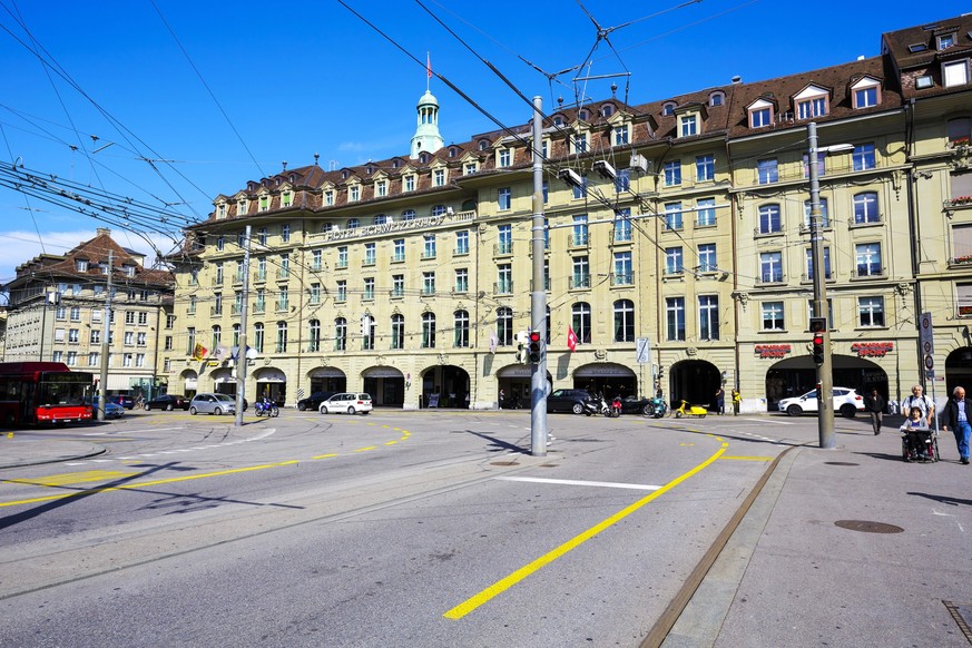 BERN, SWITZERLAND - SEPTEMBER 13, 2015: Hotel Schweizerhof shows the beauty of its architecture. This five-star hotel was renovated in 2011