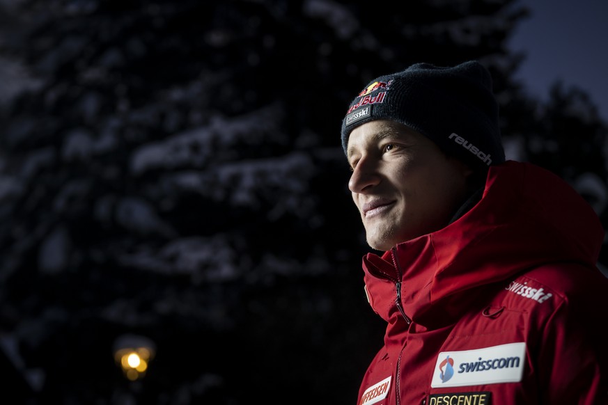 Marco Odermatt of Switzerland poses for photographer during a press conference at the Alpine Skiing FIS Ski World Cup in Wengen, Switzerland, Tuesday, January 11, 2022. (KEYSTONE/Jean-Christophe Bott)