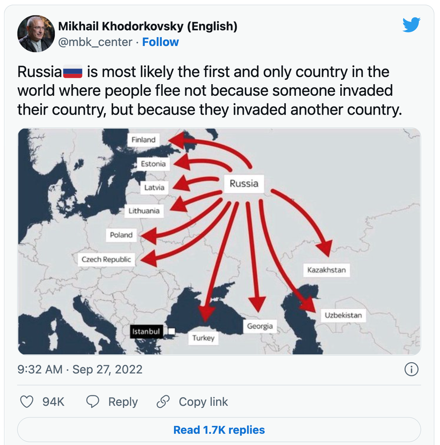Tweet de l'entrepreneur russe et ancien oligarque Mikhail Khodorkovsky : «La Russie est très probablement le premier et le seul pays au monde où les gens fuient, non pas parce que quelqu'un a envahi l ...