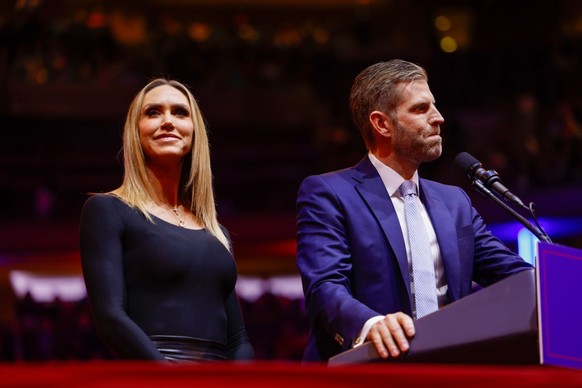 NEW YORK, NEW YORK - OCTOBER 27: Lara Trump and Eric Trump speak during a campaign rally for Republican presidential nominee, former U.S. President Donald Trump at Madison Square Garden on October 27, ...