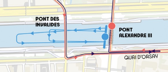 Le parcours de natation lors des épreuves individuelles. Les athlètes s'élançaient du pont Alexandre III pour deux boucles (en bleu), la première de 910m, la seconde de 590m, en passant à chaque fois  ...