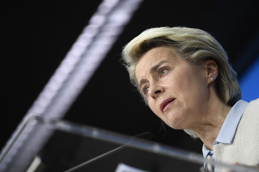 European Commission President Ursula von der Leyen speaks during a media conference at an EU summit in Brussels, Tuesday, May 25, 2021. The European Union agreed Monday to impose sanctions against Bel ...