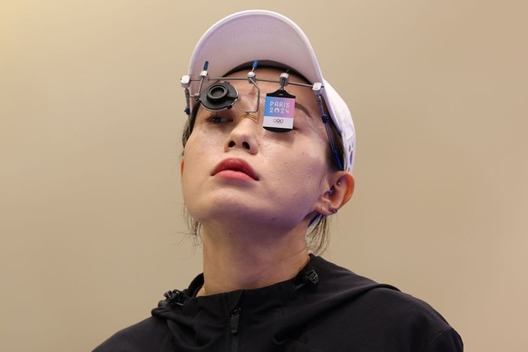 CHATEAUROUX, FRANCE - JULY 28: Kim Yeji of Team Republic of Korea prepares to shoot during the Women&#039;s 10m Air Pistol Final on day two of the Olympic Games Paris 2024 at Chateauroux Shooting Cent ...