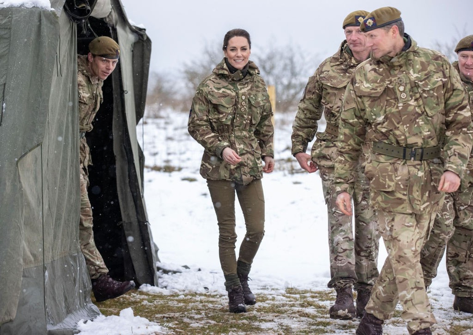 SALISBURY, ENGLAND - MARCH 08: Catherine, Princess of Wales meets personnel on exercise during her visit to the Irish Guards on Salisbury Plain, on March 8, 2023 in Salisbury, England. The Princess of ...