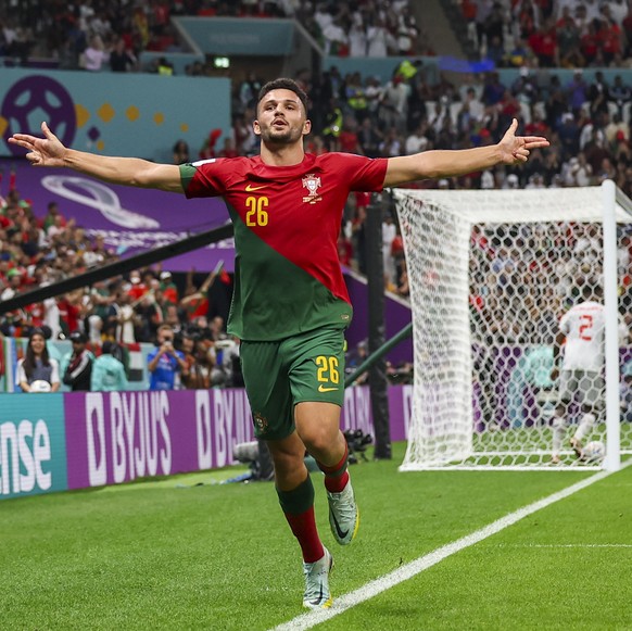 epa10352924 Goncalo Ramos of Portugal celebrates after scoring during the FIFA World Cup 2022 round of 16 soccer match between Portugal and Switzerland at Lusail Stadium in Lusail, Qatar, 06 December  ...