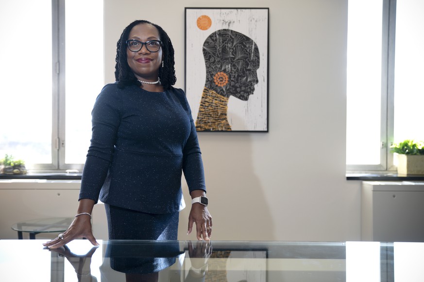 Judge Ketanji Brown Jackson, a U.S. Circuit Judge on the U.S. Court of Appeals for the District of Columbia Circuit, poses for a portrait, Friday, Feb., 18, 2022, in her office at the court in Washing ...