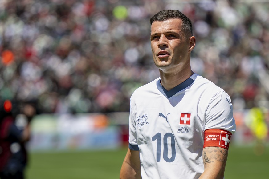 Switzerland&#039;s Granit Xhaka reacts during a Friendly soccer match between Mexico and Switzerland at the Rice-Eccles Stadium, in Salt Lake City, Utah, United States of America, Saturday, June 7, 20 ...