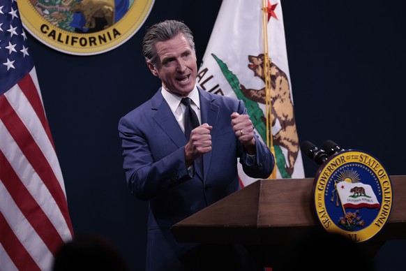 epa11332272 California Governor Gavin Newsom responds to questions after releasing a revised 2024-25 state budget proposal during a press conference in Sacramento, California, USA, 10 May 2024. EPA/JO ...