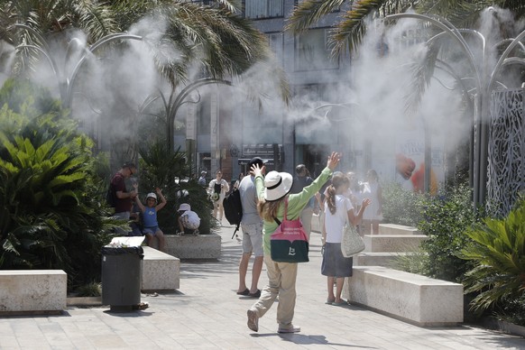 epa12204409 Tourists cool off under a cloud of mist at the Plaza de la Reina during a heat wave in Valencia, Spain, 29 June 2025. Spain is undergoing its first summer heat wave due to a broad anticycl ...