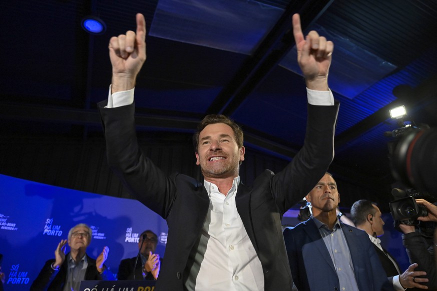 epa11305973 The new president of FC Porto, Andre Villas-Boas, reacts as he speaks to journalists and supporters after the results of the elections for the club&#039;s governing bodies were announced,  ...