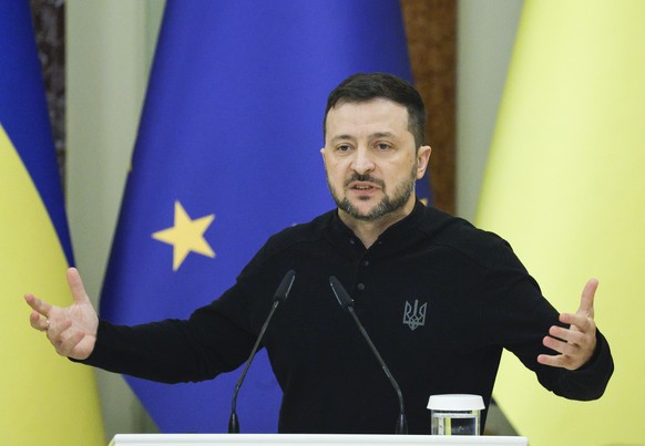 epa11751865 Ukrainian President Volodymyr Zelensky holds a joint press conference with President of the European Council Antonio Costa (not pictured), in Kyiv, Ukraine, 01 December 2024. Costa arrived ...