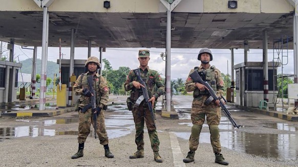 In this handout photo provided by Mandalay People&#039;s Defence Force, members of the Ta&#039;ang National Liberation Army, one of the ethnic armed forces in the Brotherhood Alliance, and the Mandala ...