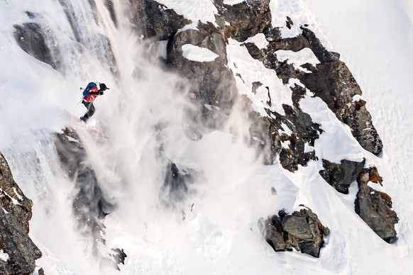 Elisabeth Gerritzen from Switzerland competes to win the women&#039;s ski event during the Verbier Xtreme Freeride World Tour (FWT) finals on the &quot;Bec des Rosses&quot; mountain above the alpine r ...
