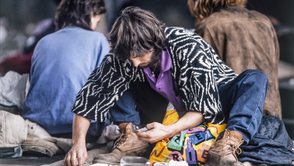 The drug scene at the the old train station Letten in Zurich, Switzerland, pictured in August 1994. At peak times over a thousand drug abusers frequented the Letten, the successor of the open drug sce ...