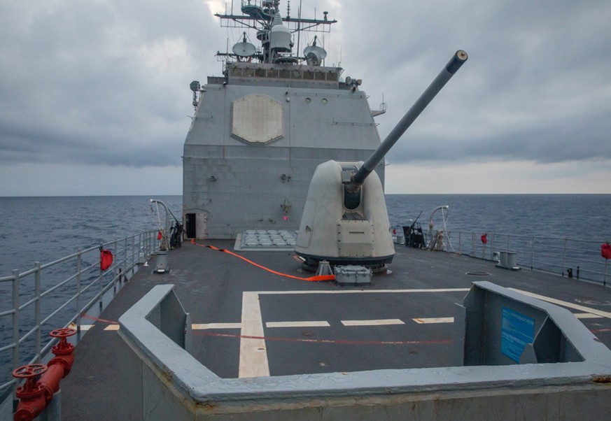 epa10144620 A handout photo made available by the US Navy shows the USS Antietam (CG-54) conducting operations in international waters in the Taiwan Strait, 28 August 2022 (issued 29 August 2022). The ...