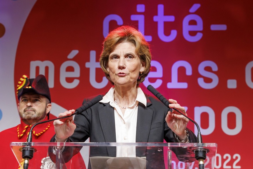 Anne Emery-Torracinta, conseillere d&#039;Etat genevoise chargee du DIP, delivre son discours, lors de l&#039;inauguration de la Cite des Metiers l&#039;Expo, ce mardi 22 novembre 2022 a Geneve. &quot ...