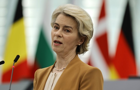 epa11025933 European Commission President Ursula von der Leyen speaks during a debate on &#039;Preparation of the European Council meeting of 14-15 December 2023&#039; at the European Parliament in St ...