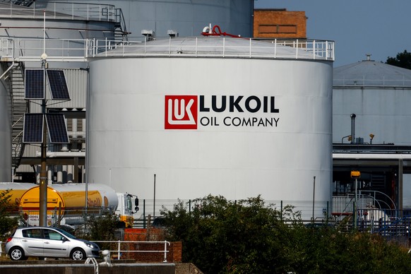 epa10154832 A view of fuel tanks of Russian multinational energy corporation Lukoil at its headquarters in Brussels, Belgium, 02 September 2022. Chairman of the Lukoil company, Ravil Maganov, reported ...