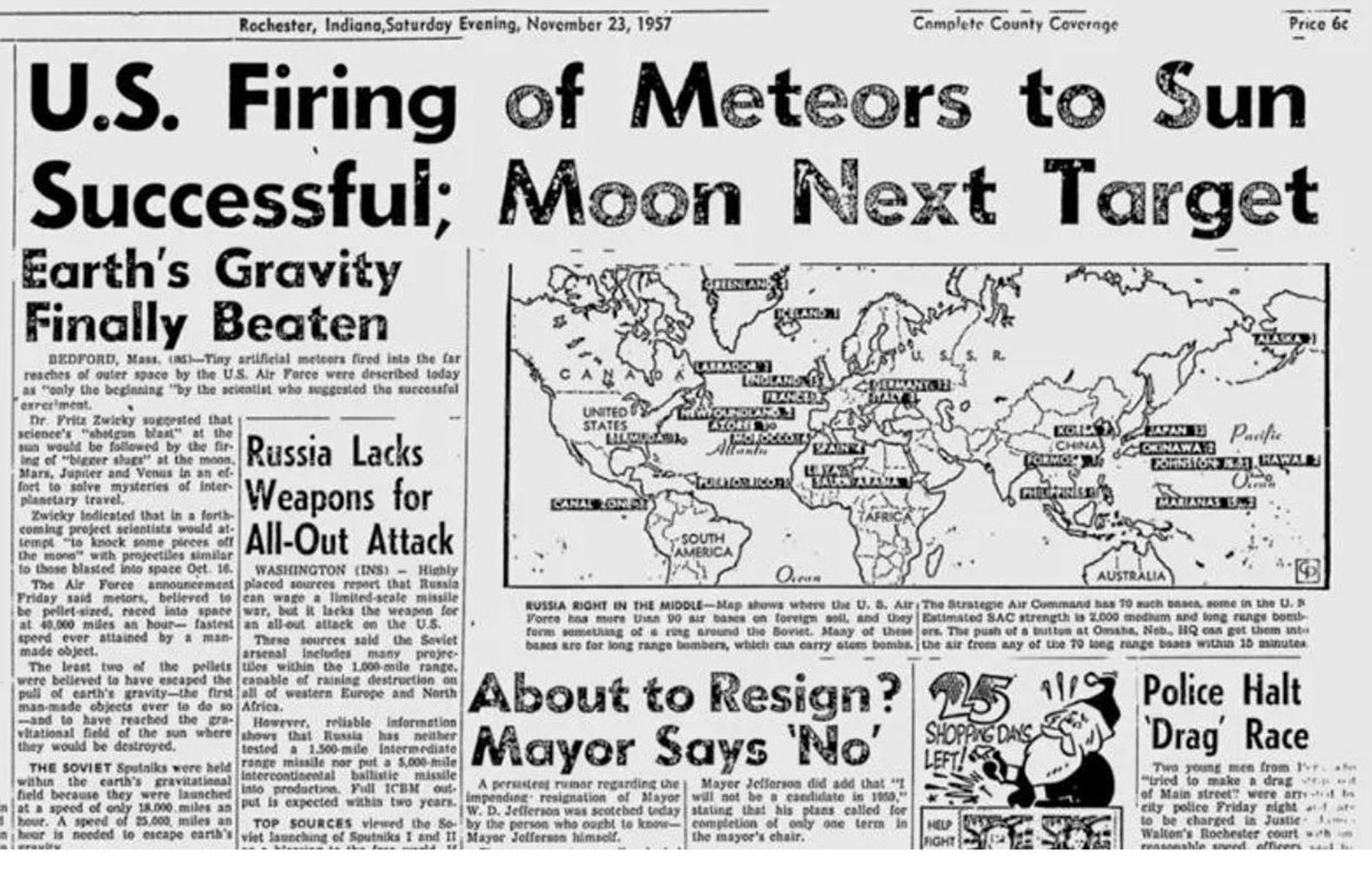 «La gravité terrestre enfin vaincue» pouvait-on lire dans le quotidien de Rochester le 23 novembre 1957.
https://www.drewexmachina.com/blog/