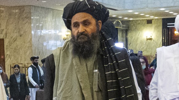 FILE - In this March 18, 2021, file photo, Taliban co-founder Mullah Abdul Ghani Baradar, arrives with other members of the Taliban delegation for an international peace conference in Moscow, Russia.  ...