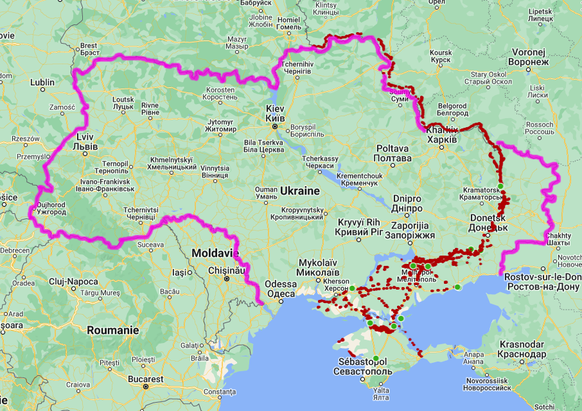 Les fortifications russes (en rouge): il ne s&#039;agit pas d&#039;une ligne sans interruption. Par endroits, elle ressemble plutôt à une succession d’îlots fortifiés.
