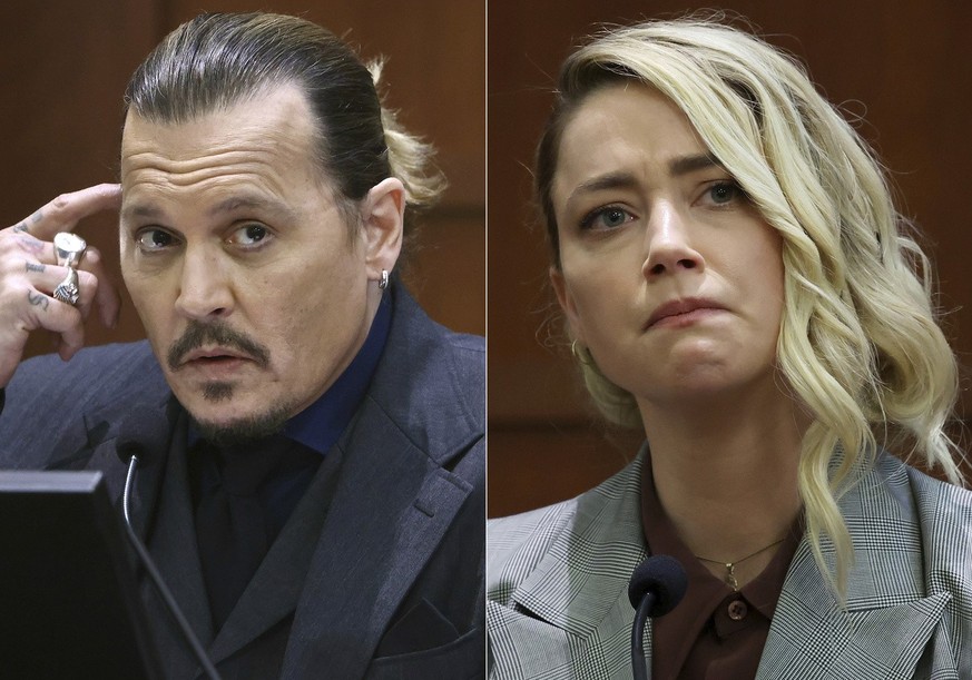 FILE - This combination of photos shows actor Johnny Depp testifying at the Fairfax County Circuit Court in Fairfax, Va., on April 21, 2022, left, and actor Amber Heard testifying in the same courtroo ...