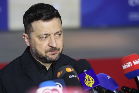 epa12909709 President of Ukraine Volodymyr Zelensky speaks to the media during the informal meeting of EU Heads of State or Government in Agia Napa, Cyprus, 23 April 2026. EU leaders are expected to a ...