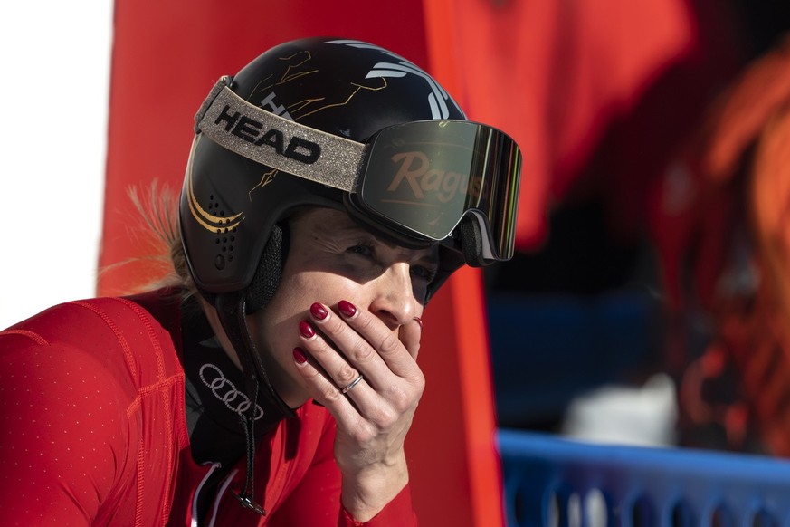 epa10525799 Race leader Lara Gut-Behrami of Switzerland watches fellow skiers finishing their runs in the Women&#039;s Super G race at the FIS Alpine Skiing World Cup finals in the skiing resort of El ...